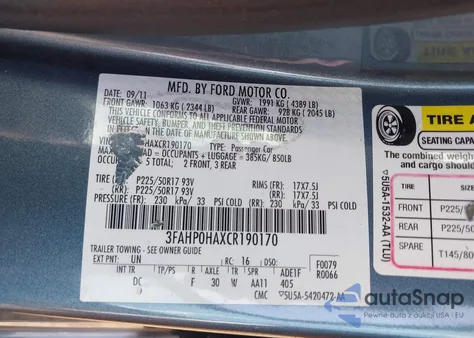 2012 Ford Fusion Se z USA, uszkodzony, nr VIN 3FAHP0HAXCR190170